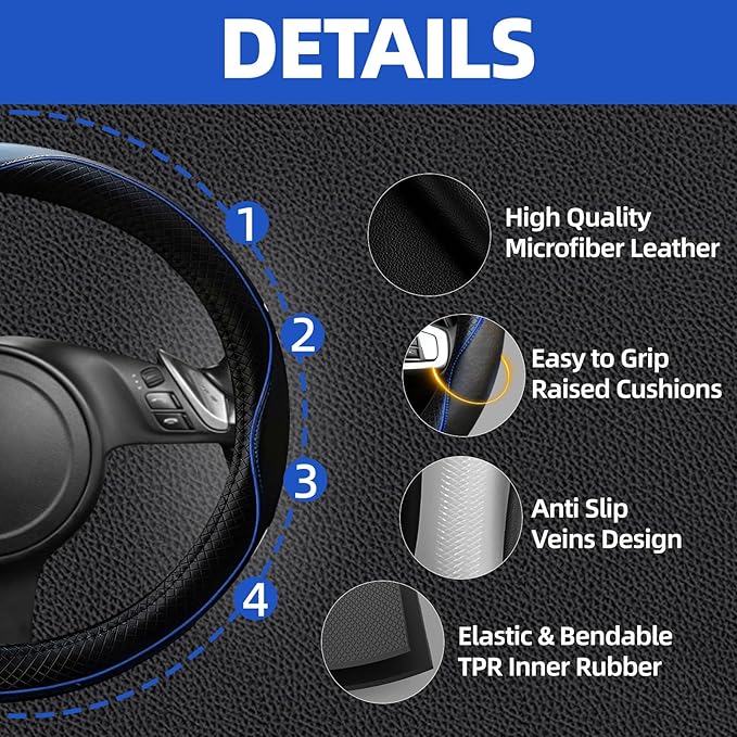 NBTEPEM 6 PCS Car Steering Wheel Cover Set, Microfiber Leather Steering Wheel Covers Universal 14.5-15 inch, Center Console Cover, Seat Belt Cushion, Cup Holder Coaster, Car Accessories Set Blue