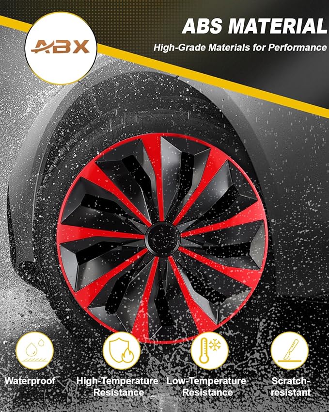 ABX Hubcaps,16 inch hubcaps Set of 4, Wheel Rim Cover ABS Material, Snap On Car Truck SUV Replacement, for Toyota Camry Nissan Mazda etc, Black & Red