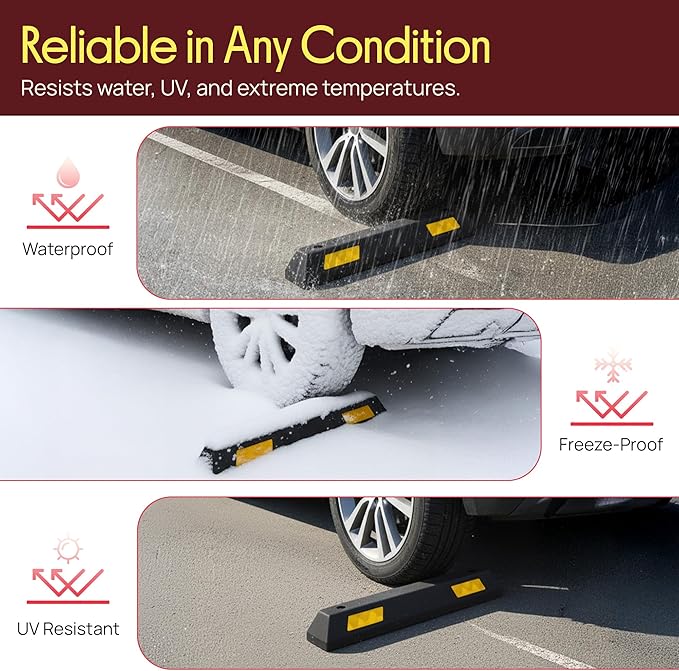 Pyle 2-Pack Heavy Duty Rubber Wheel Stops for Garage Parking – Durable, High-Visibility Tire Blocks for Cars, Trucks, Vans, RVs, Trailers, Forklifts – Reflective Safety Strip Included