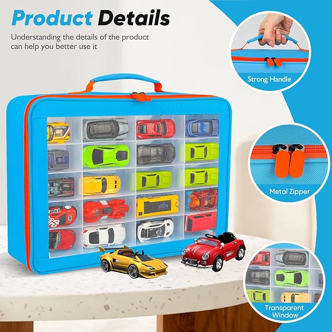 Toy Organizer.72 Compartments.Toy Storage Box Compatible With Hot wheels Cars, Matchbox Cars,Mini Toys and Small Dolls.Toy Storage Display Case With 3 Layers of Removable Trays(Blue)