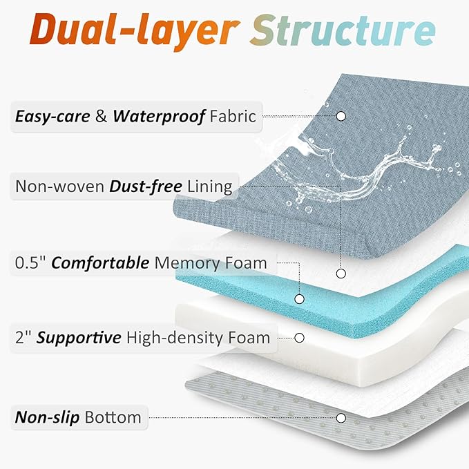 downluxe Chair Cushions for Dining Chairs, Memory Foam Linen Kitchen Chair Pads with Ties, Waterproof, Stain-Resistant and Washable Cover, 17" x 16" x 2.5", Light Blue, 6 Pack
