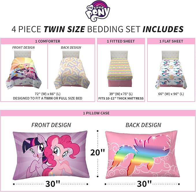 Franco Kids Bedding Super Soft Microfiber Comforter and Sheet Set, 4 Piece Twin Size, Unicorn My Little Pony