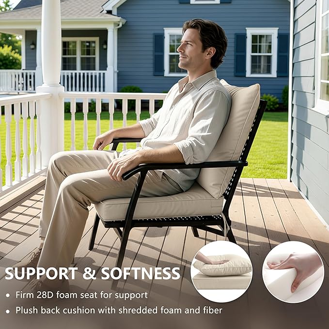 19x19 Inch Patio Chair Cushions Set of 4, Outdoor Furniture Cushions - Removable Cover, Water-Repellent, Fade-Resistant, Non-Slip Bottom & Straps, Replacement for Lawn, Porch & Deck Chair - Cream