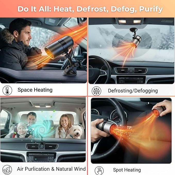Portable Car Heater, 12V Car Heater for Vehicle, Plugs into Cigarette Lighter, Windshield Defroster&Defogger, 2-in-1 Fast Heating & Cooling Fan, Suction Holder, 2026 Upgraded Air Purified&Fuse Safety