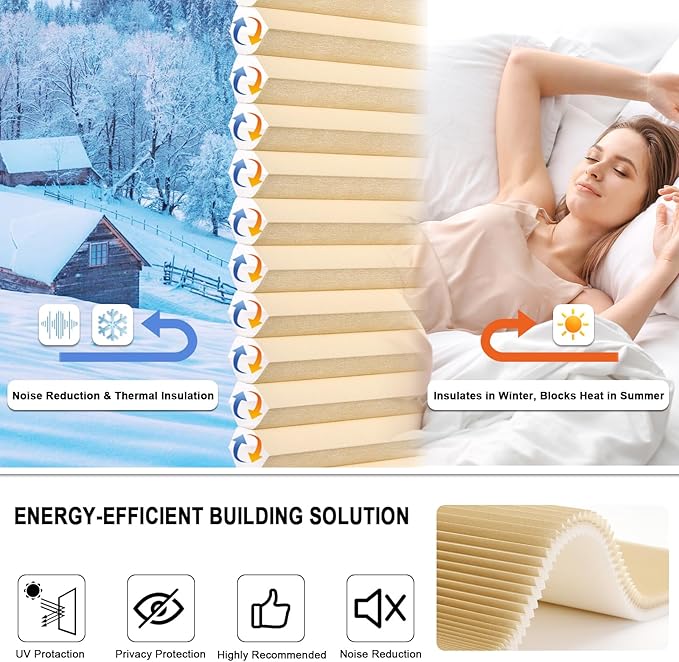 Tonature No Drill Cellular Shades for Indoor Windows, Thermal Insulating & Noise Reducing Honeycomb Blinds, Free Stop Cordless Light Filtering Shades, Beige,44" W x 64" H