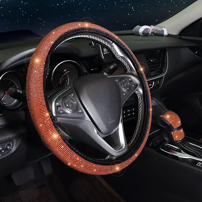 Steering Wheel Cover Set 15 inch,7 Pack Crystal Rhinestone Diamond Orange Bling Car Accessories,Seat Belt Cushion,Bling Shift Knob Cover,Puch to Start Ring,Car Cup Coaster,Orange