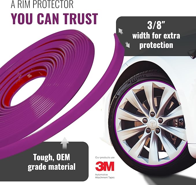All-Fit Automotive Rim Trim – Durable DIY Car Exterior Accessories for Curb Rash Protection – Fits Up to Four 24” Wheels – Flexible, Durable Wheel Rim Protector (3/8″ Width/Purple)