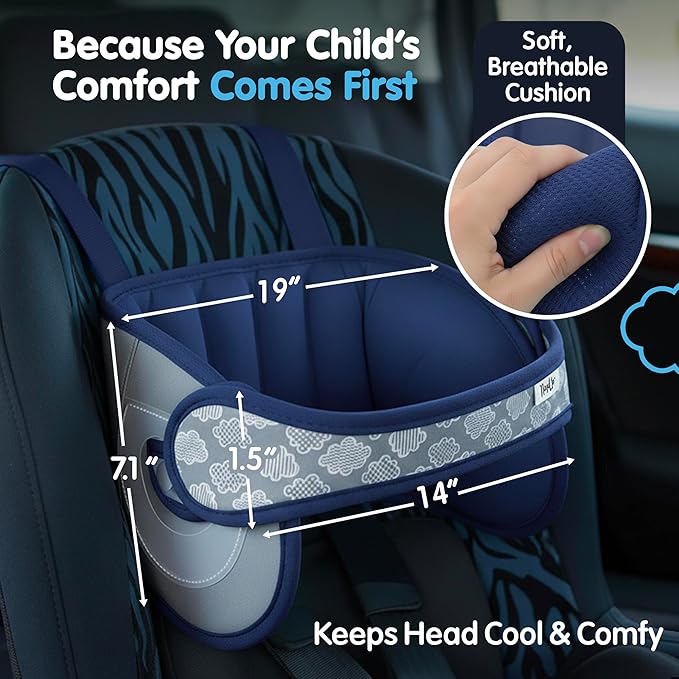 NapUp Adjustable Head Support for Car Seat – Patented & Crash-Tested Anti-Bobbing Head Holder Strap, Comfortable Sleep Solution - Breathable Fabric, Kids Travel Accessories - Ages 2+ - Dark Blue