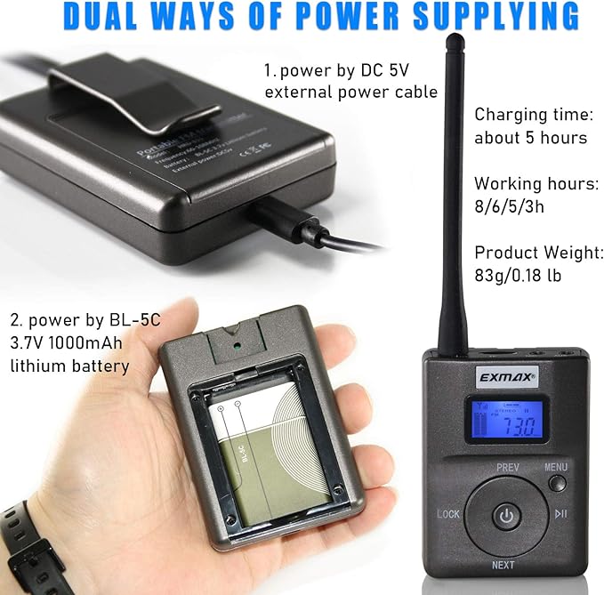 EXMAX Portable 0.2W/200mW Stereo Wireless FM Transmitter Radio MP3 Music Player Broadcast with 3.5mm AUX Microphone Support TF Card for Tour Guide System Teaching Simultaneous Meeting Black