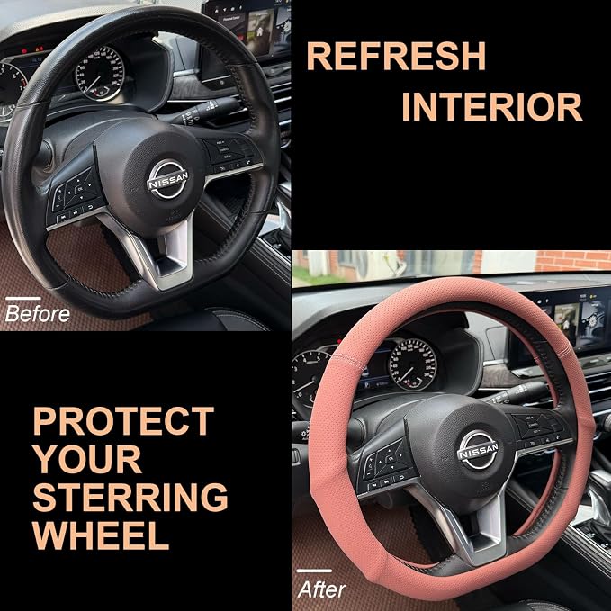 PINCTROT D Shaped Nappa Leather Steering Wheel Cover with Ergonomic Palm Support Grip, Full Perforated Breathable, Slim Fit No Bulk Design, Flat Bottom 14.5-15 Inch (Maple Brown)