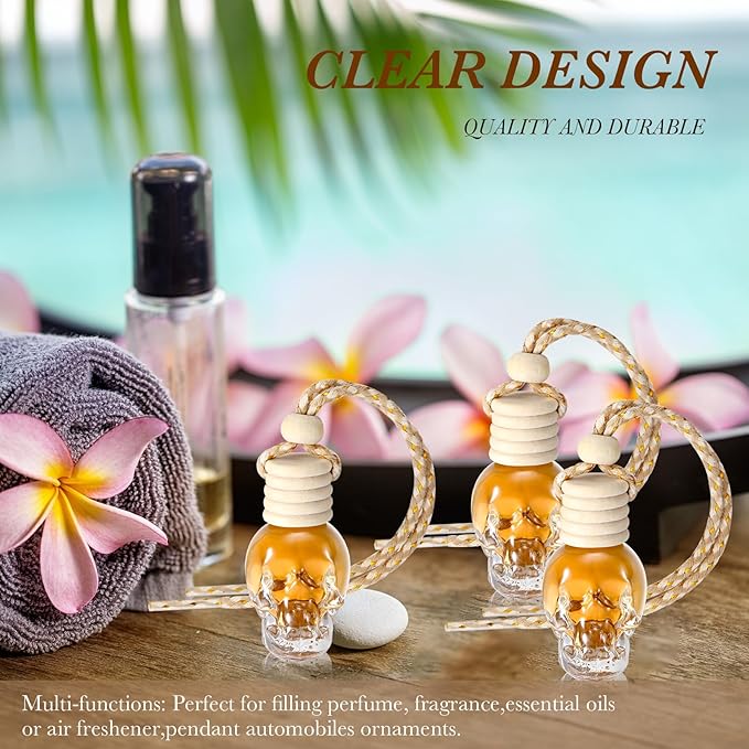 BBTO 200 Pcs Hanging Car Diffuser Bottles Bulk, Empty Clear Glass Air Freshener Bottles with Wooden Cap for Perfume Essential Oils Fragrance Aromatherapy Ornament(Skull)