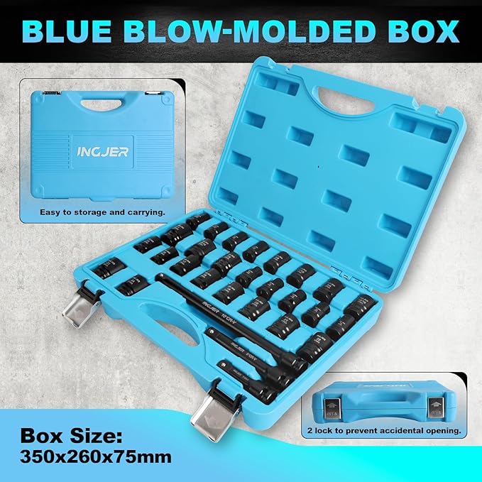 1/2" 29PCS Drive Impact Socket Set, SAE (3/8 to 1 inch) and Metric (10-24mm) Sizes with Extension Bars Standard Shallow Socket Set CR-MO Material High Torque Truck Bearing Locknut
