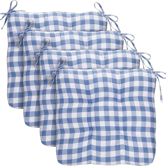 Geetery 4 Pack Chair Cushions for Dining Chairs, 16" x 15" Blue and White Kitchen Chair Cushions with Ties Buffalo Plaid Soft Comfy Seat Pads for Home Office Living Room Outdoor Indoor