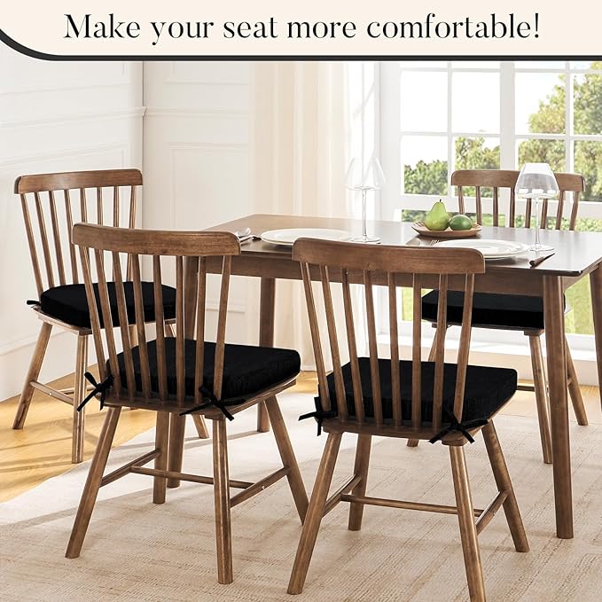 Basic Beyond Chair Cushions for Dining Chairs 4 Pack, Kitchen Chair Cushions with Ties and Non Slip Backing, 16 x 16 inches Chair Pads for Dining Chairs (Black)