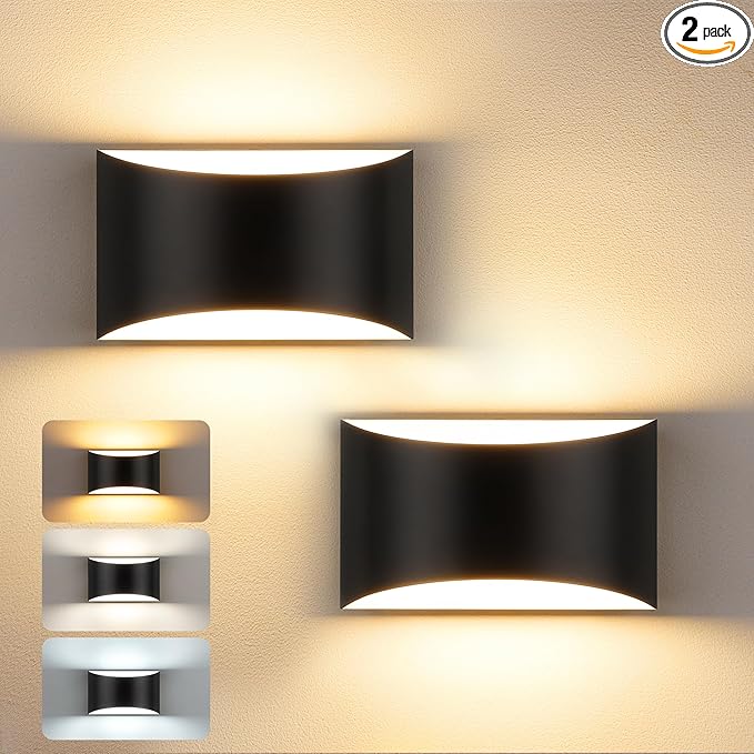 MATAMEYE Modern LED Wall Sconce Set of 2, Matte Black Indoor Wall Lighting Fixture with 3 Colors Temperatures, 10W Up/Down Hardwired Wall Mount Lamp for Bedroom Living Room Hallway