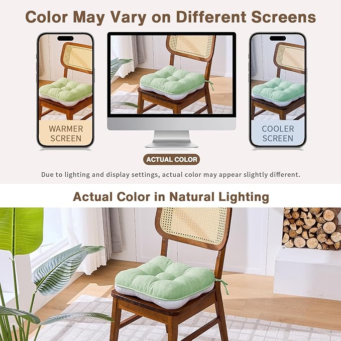 BETU Chair Cushions for Dining Chairs Set of 6,3.5" Thick Kitchen Table Chair Pads with Ties,Non Slip Backing and Covers, Home Decor Seat Cushion for Dining Room,Bar,Patio Chairs15.5"X15.5"X3.5"Green