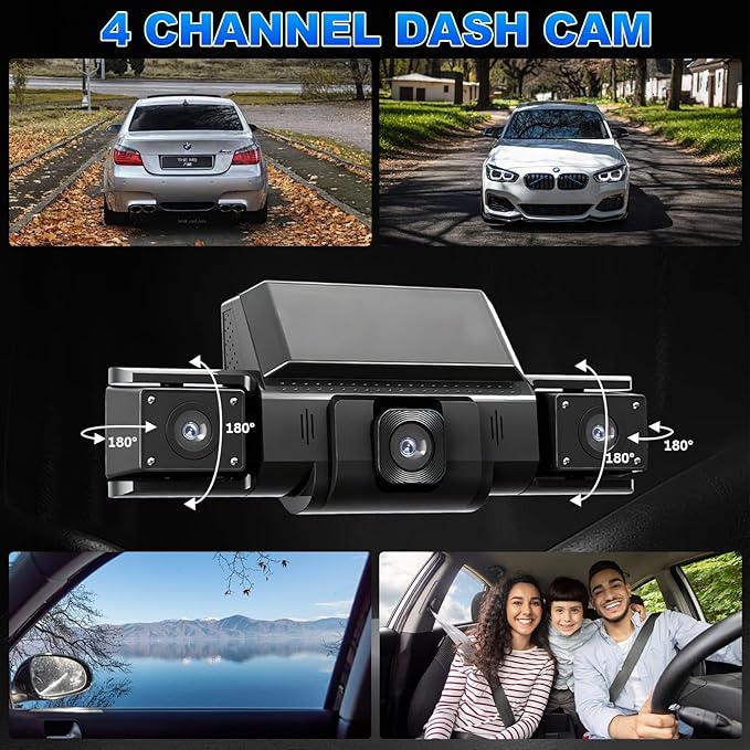 4 Channel Dash Cam 360 View for All-Round Protection, 4-Way Front Rear Inside Recording, Built-in 5G WiFi & GPS, APP Control, 8 IR Night Vision, 24H Parking Monitor, G-Sensor, Free TF Card