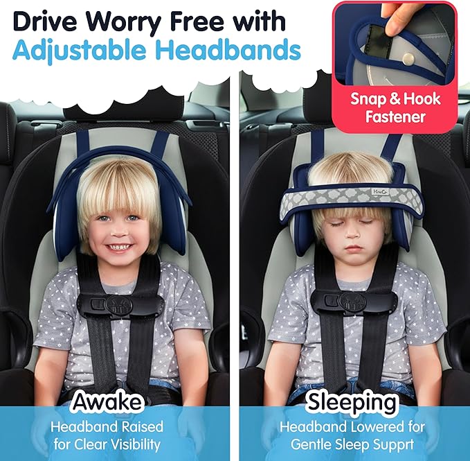 NapUp Adjustable Head Support for Car Seat – Patented & Crash-Tested Anti-Bobbing Head Holder Strap, Comfortable Sleep Solution - Breathable Fabric, Kids Travel Accessories - Ages 2+ - Dark Blue