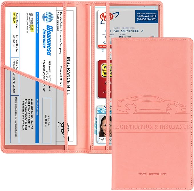 TOURSUIT Car Registration and Insurance Card Holder, Vehicle License Document Glove Box Compartment Organizer, Interior Car Accessories for Women Men Teens (Pink)