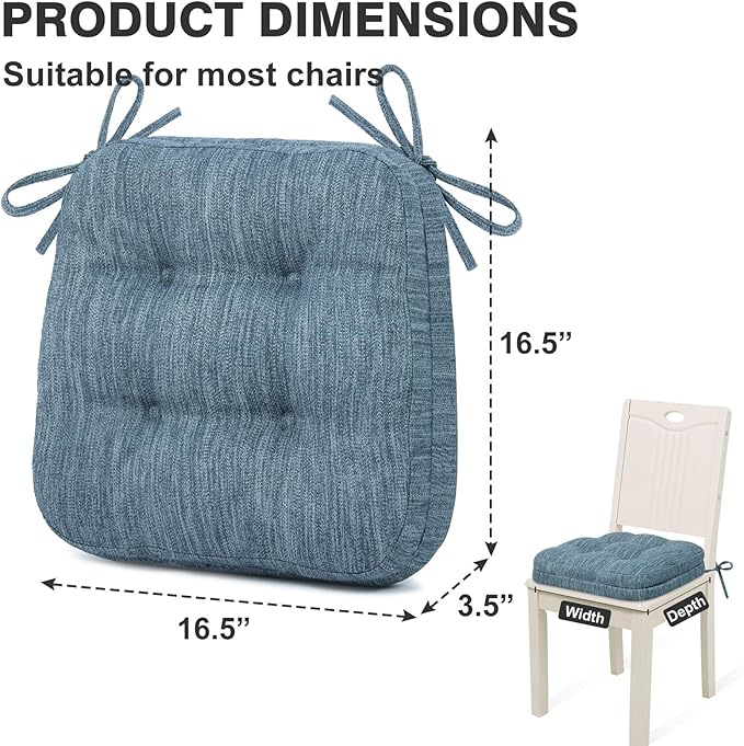 Shinnwa Dining Chair Cushions Set of 6, Dual-Layer Memory Foam Kitchen Chair Cushions, Patented Design Seat Pads with Ties, 16.5 x 16.5 x 3.5in, 6 Pack, Denim Blue
