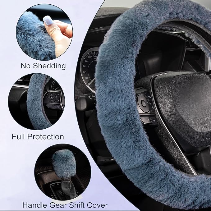SEG Direct Furry Car Steering Wheel Cover with Fluffy Gear Shift Cover Soft Warm Non-Slip Car Decoration for Men Women Girls 2 PCS Set, Blue Gray