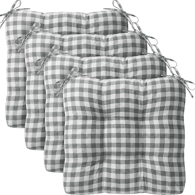 Geetery 4 Pack Chair Cushions for Dining Chairs, 16" x 15" Gray and White Kitchen Chair Cushions with Ties Buffalo Plaid Soft Comfy Seat Pads for Home Office Living Room Outdoor Indoor