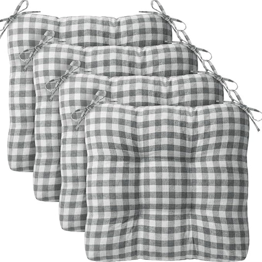 Geetery 4 Pack Chair Cushions for Dining Chairs, 16" x 15" Gray and White Kitchen Chair Cushions with Ties Buffalo Plaid Soft Comfy Seat Pads for Home Office Living Room Outdoor Indoor