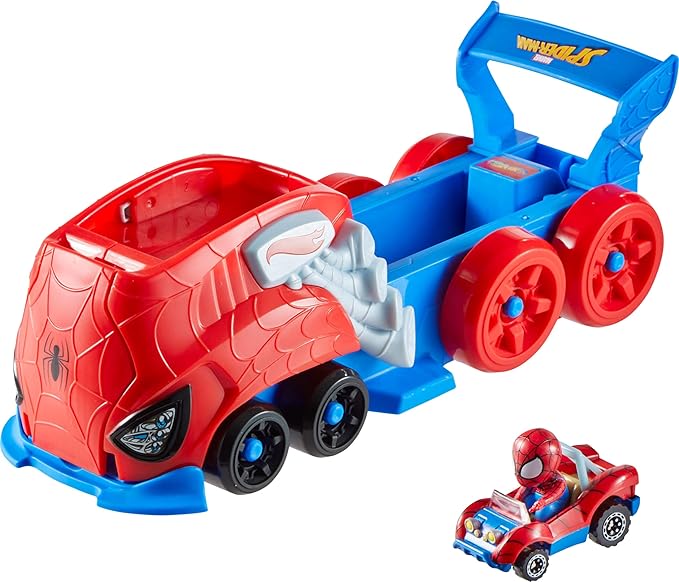 Hot Wheels Toy Car Track Set, Spider-Man Large-Scale Launcher and Hauler with Die-Cast RacerVerse Vehicle
