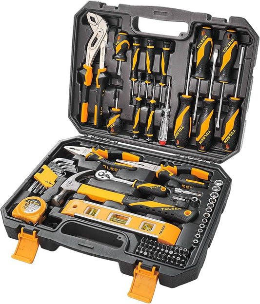 TOLSEN Tool Set Home Mechanic Tool Kit, Screwdriver,Hammer, Ratchet, Drill Bits,Hex Key,Tape Measure,Toolbox Storage Case, Hand Household Tool Set for College,Starter,Beginner