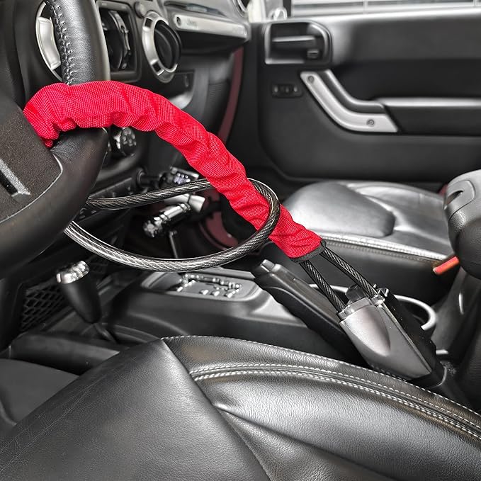 KAYCENTOP Car Steering Wheel Lock, Seat Belt Lock, Car Locks Anti-Theft Device with Aluminum Alloy Lock Housing, Max 17 Inch Length, High Visibility and Light-Weight, Universal Fit, 3Keys(Red)