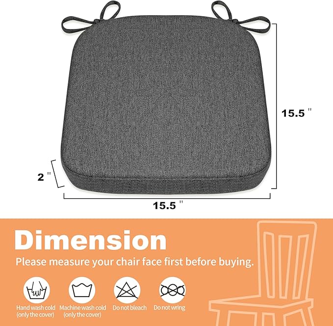 SINOSSO Memory Foam Chair Cushions for Folding Chairs 4 Pack, Thickened 2" Square Pads with Ties for Kitchen Chairs, Indoor Non-Slip Dining Chair Seat Cushions (Set of 4, Dark Grey)
