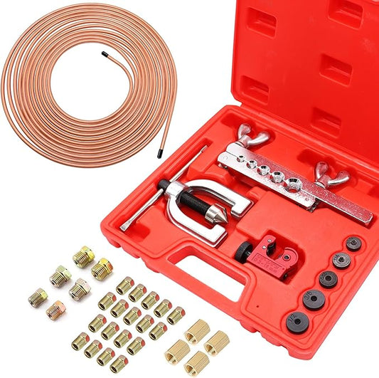 25 ft 3/16inch Copper Coated Brake Line Kit(Includes 24 Fittings and 4 Unions) with Double & Single Flaring Tool Kit