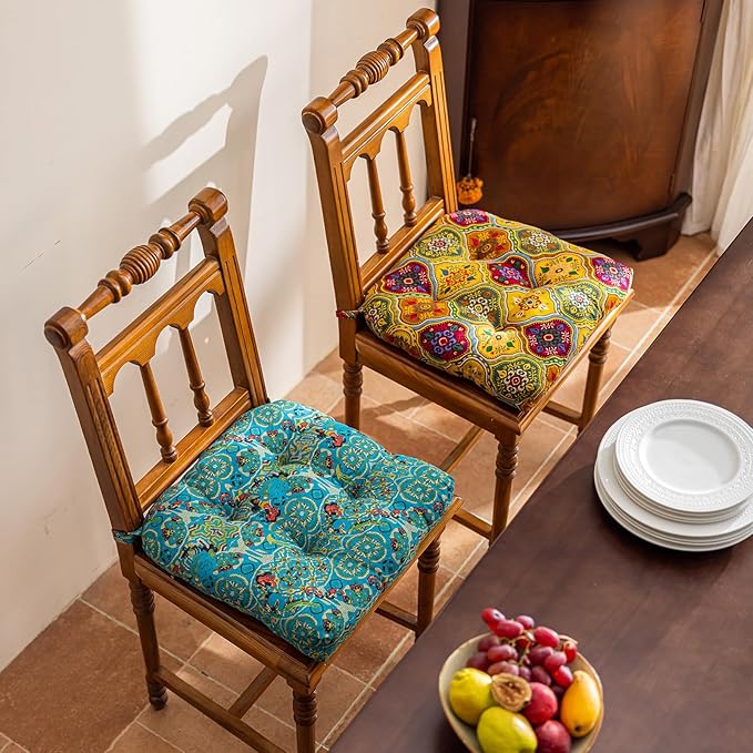 vctops Boho Geometric Chair Cushions with Ties U-Shaped Soft Cozy Cotton Linen Chair Pads Non Slip Seat Cushions for Indoor Dining Room and Kitchen Chairs (Yellow,16"x16")