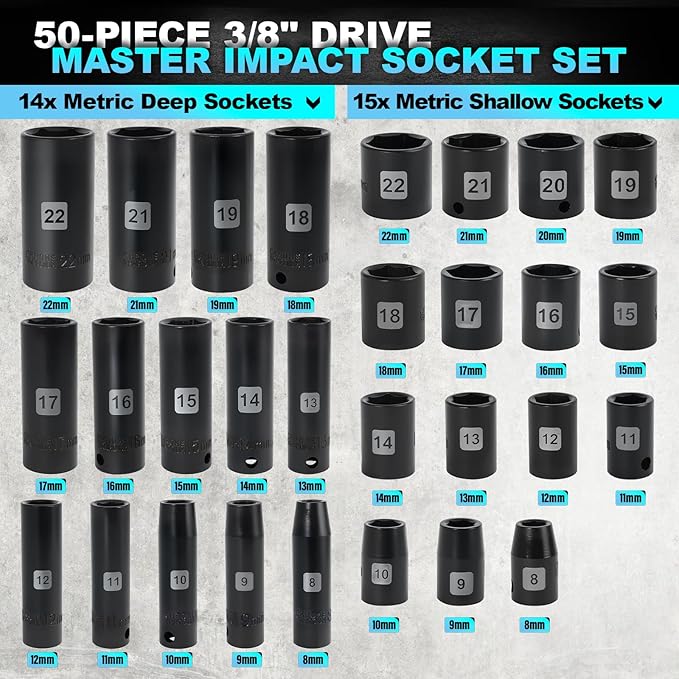 3/8 SAE and metric socket set, 50 Piece Impact Socket Set, StandardSAE (5/16 to 3/4 inch) and Metric (8-22mm) 6 Point, Extension Bars, Impact Universal Joint, Adapter, Cr-V Steel