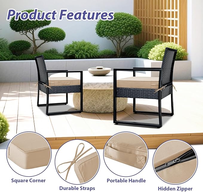 IPYNBAP Outdoor Chair Cushions Set of 4 -Waterproof Outdoor Seat Cushions for Patio Furniture, Patio Chair Cushion with Handle and Ties, Out Door Chair Pads,19x19x3-Square, Beige