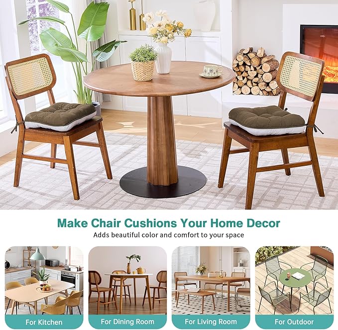 BETU Chair Cushions for Dining Chairs Set of 2,3.5" Thick Kitchen Table Chair Pads with Ties,Non Slip Backing and Covers, Seat Cushion for Dining Room,Bar,Patio Chairs,15.5"X15.5"X3.5",Brown