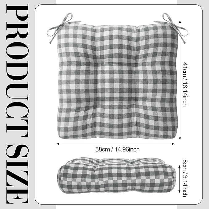 Geetery 4 Pack Chair Cushions for Dining Chairs, 16" x 15" Gray and White Kitchen Chair Cushions with Ties Buffalo Plaid Soft Comfy Seat Pads for Home Office Living Room Outdoor Indoor