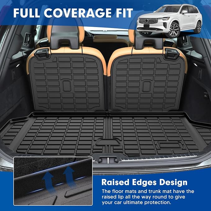 Mixsuper Cargo Liner for Volvo XC90 2016-2024 2025 2026, All Weather Trunk Mat Backrest Mat TPE Back Seat Cover Protector for XC90 Accessories
