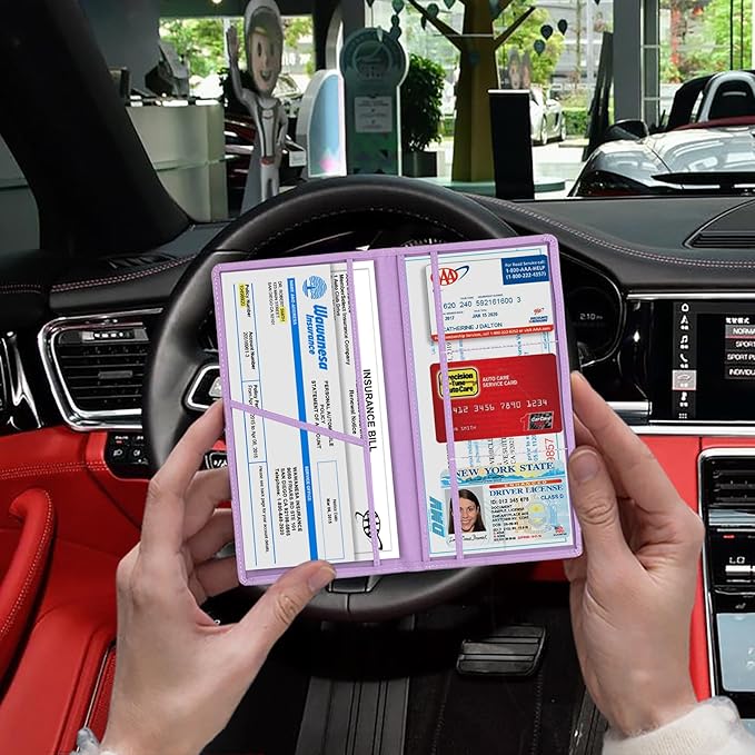 TOURSUIT Car Registration and Insurance Card Holder, Vehicle License Document Glove Box Compartment Organizer, Interior Car Accessories for Women Men Teens (Purple)