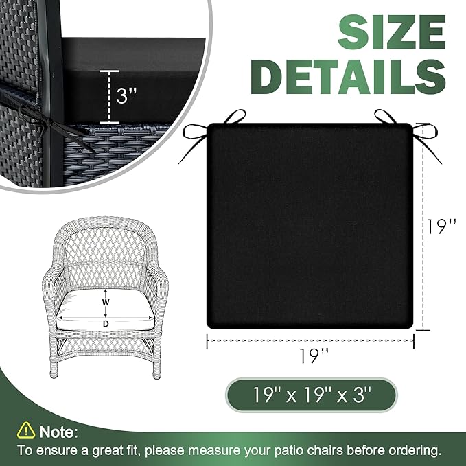 Outdoor Chair Cushions Set of 4, 19x19x3 Inch Waterproof & Fade Resistant Patio Furniture Seat Cushions with Ties, Square Outdoor Dining Chair Cushions for Lawn, Garden, Deck & Yard, Black