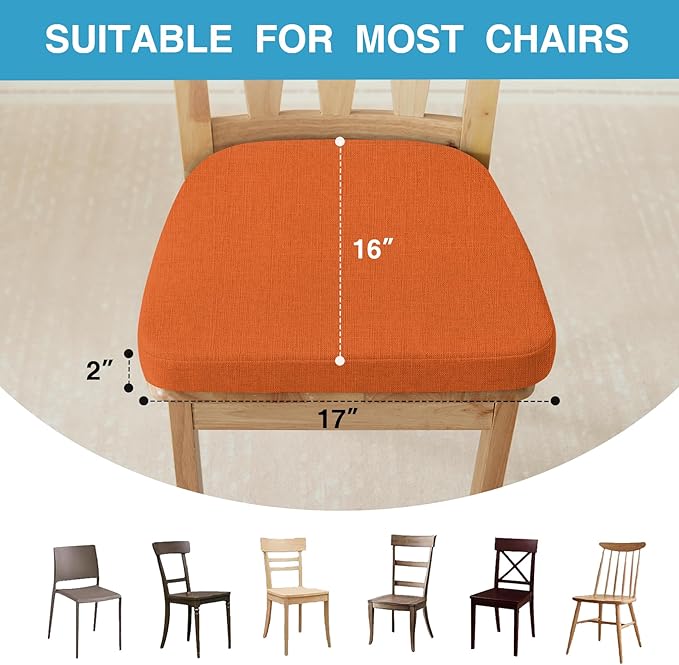 IASEAHK Chair Cushions for Dining Chairs Set of 4, Non Slip Kitchen Chair Pads, 17" x 16" x 2", Indoor Dining Chair Cushions with Ties, D-Shaped Seat Cushions for Kitchen Chairs, Orange