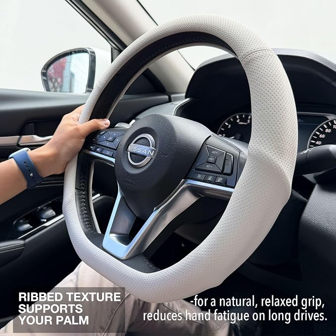 PINCTROT D Shaped Nappa Leather Steering Wheel Cover with Ergonomic Palm Support Grip, Full Perforated Breathable, Slim Fit No Bulk Design, Flat Bottom 14.5-15 Inch (Cream White)