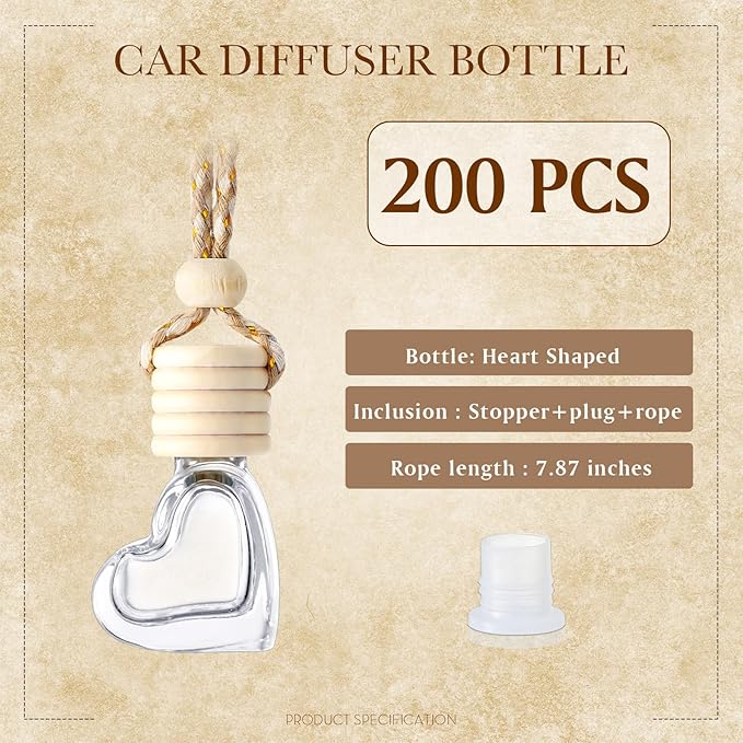 BBTO 200 Pcs Hanging Car Diffuser Bottles Bulk, Empty Clear Glass Air Freshener Bottles with Wooden Cap for Perfume Essential Oils Fragrance Aromatherapy Ornament(Heart)