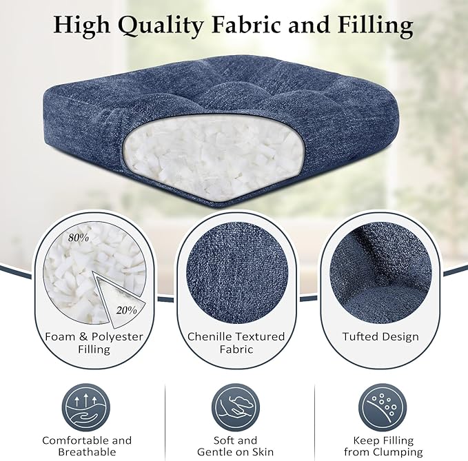 downluxe Chair Cushions for Dining Chairs 2 Pack, Tufted Indoor Chair Pads with Non-Slip Bottom, U-Shaped Kitchen Chair Cushions, 17"x17"x4", Navy Blue