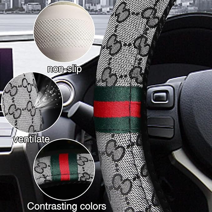 5PCS Steering Wheel Cover, with 2 Headrests, 2 Seat Belt Covers - Universal Fit for 14.5-15" Steering Wheel, Enhances Driving Experience - Perfect for Women (Gray)