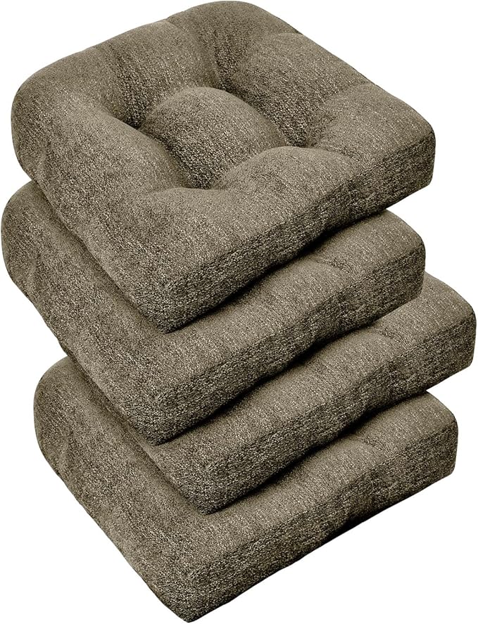 downluxe Chair Cushions for Dining Chairs 4 Pack, Tufted Indoor Chair Pads with Non-Slip Bottom, U-Shaped Kitchen Chair Cushions, 17"x17"x4", Coffee