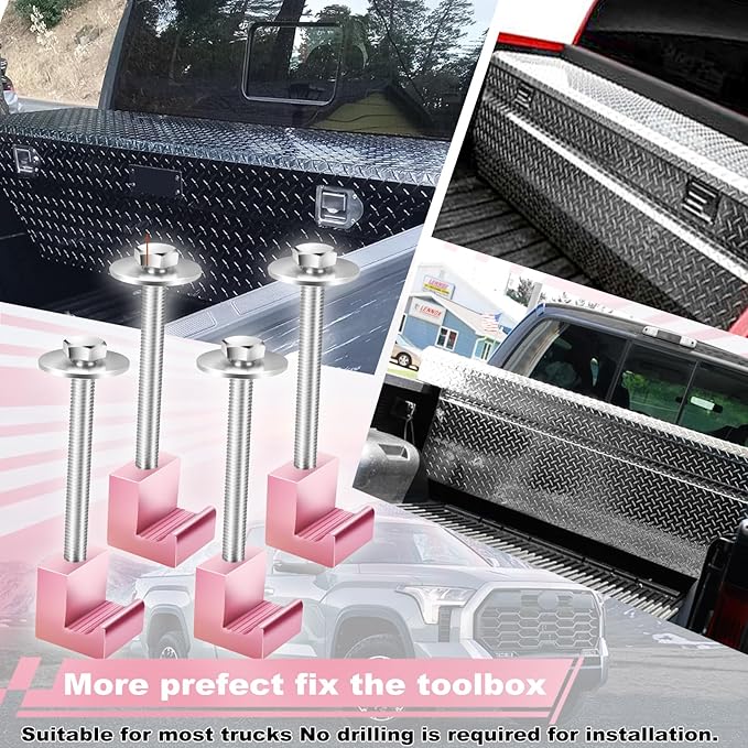 Upgraded Truck Tool Box Mounting Kit Comes with Fastening Nuts - Aluminum Pickup Truck Bed Toolbox Mounting Kit - Universal Truck Tool Box Tie Downs Accessories - J-Hooks Crossover Fixed Kit - Pink