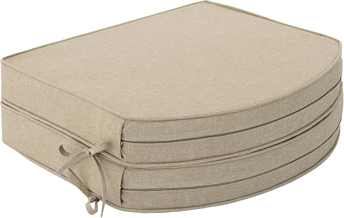 Outdoor Chair Cushions, Fade-Resistant & Water-Resistant, D Shaped Patio Furniture Seat Chair Pads Replacement with Ties, Non-Slip Bottom, Removable Cover, Set of 2, 17 x 16 Inch, Natural