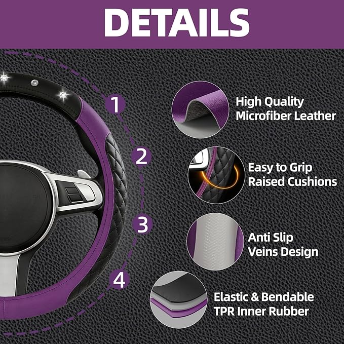 NBTEPEM 6 PCS Bling Car Accessories Set, Leather Steering Wheel Covers Universal 14.5-15 inch, Center Console Cover, Seat Belt Cushion, Cup Holder Coaster (Purple)