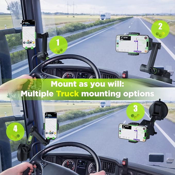 Cell Phone Mount for Truck Phone Holder for Truck Drivers - Heavy Duty Suction Cup, iPhone Holder for Dashboard Window 16.9 inch Long, for iPhone & Samsung, 18 Wheeler Trucker, Green